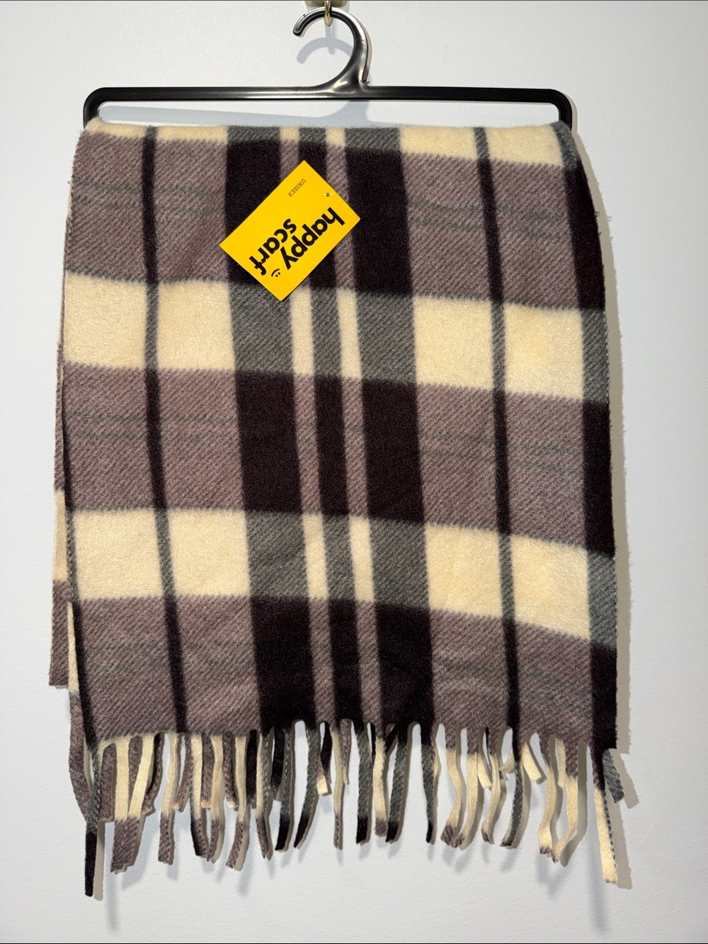 happy scarf polyester black brown beige plaid fringe unisex scarf
